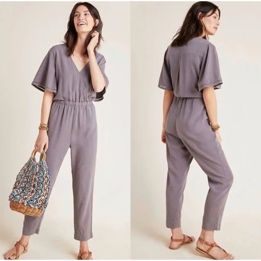 Anthropologie‎ Cloth & Stone Jumpsuit XS Grey Flutter Sleeve Tencel Lyocell